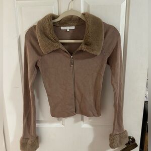 More to Come tan knit zip up cardigan faux fur collar and cuff size XS